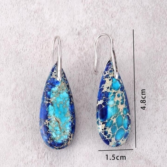 Silver & Blue Natural Imperial Stone Water Tear Drop Earrings Nwt - Picture 9 of 9